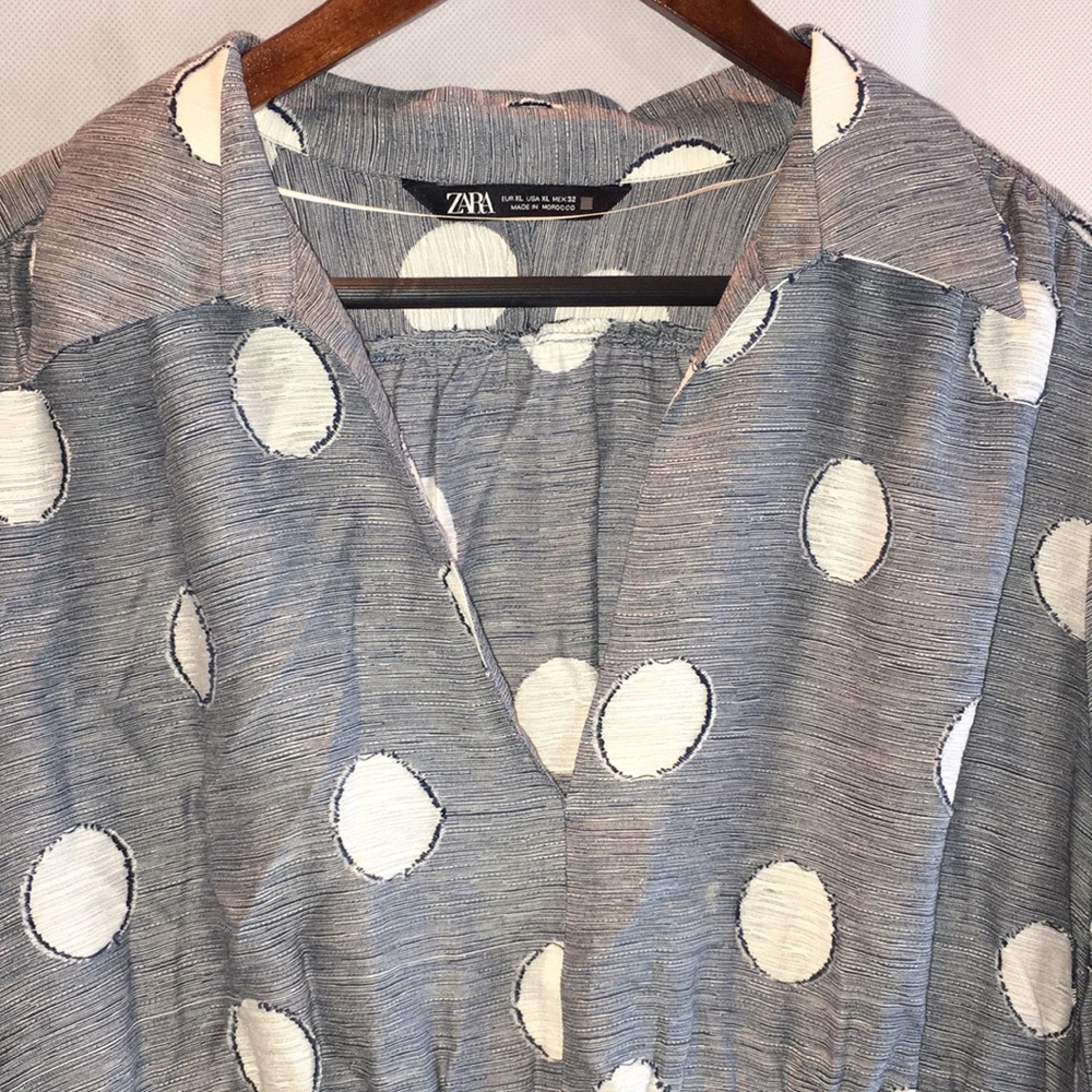 ZARA Gray Polka Dot 3/4 Sleeve Mini Dress | Elastic Waist - Picture 2 of 8